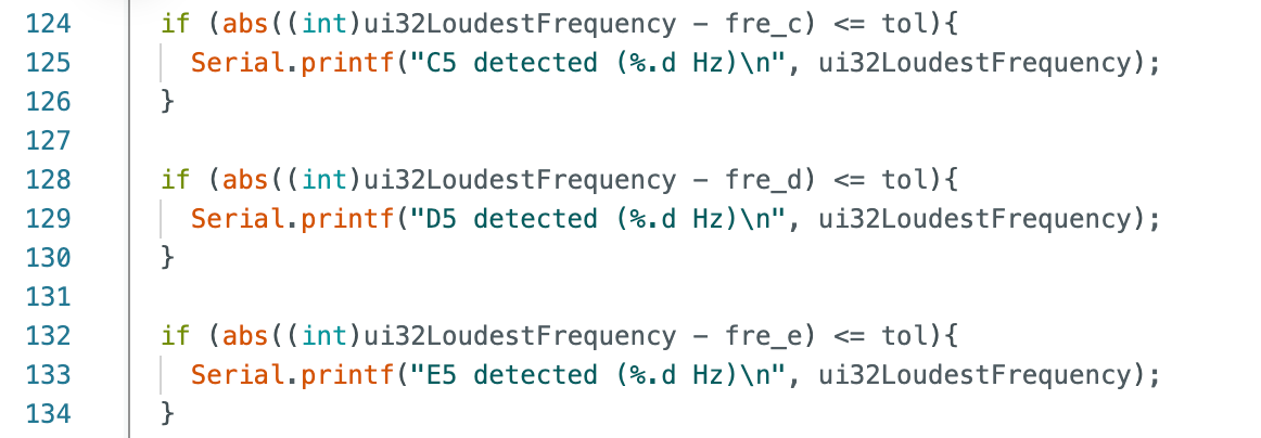 Code snippet for detecting C5/D5/E5 based on loudest frequency