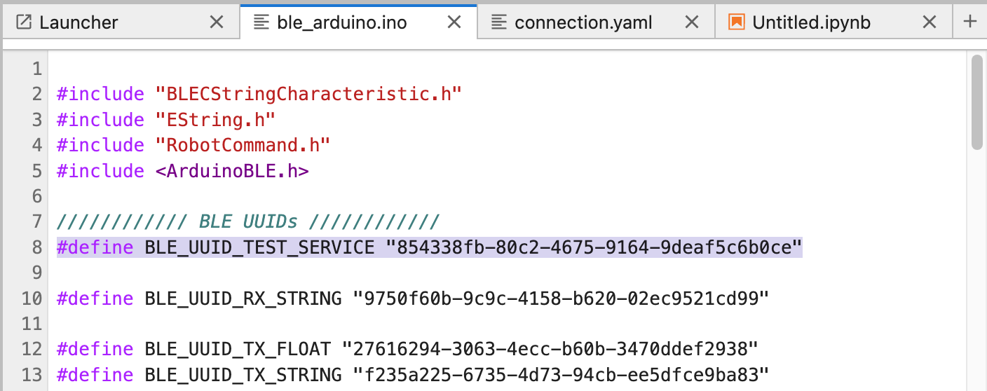 BLE service UUID defined in ble_arduino.ino