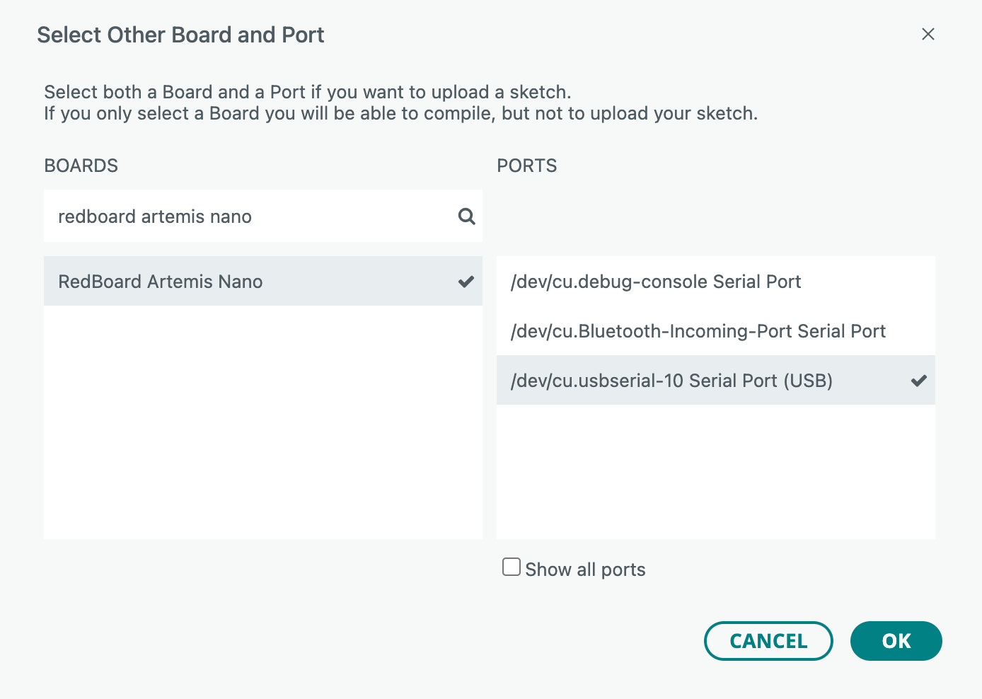 Arduino IDE board and port selection
