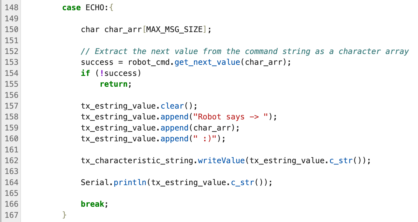 Arduino ECHO command handler builds a response string and writes it to the BLE characteristic