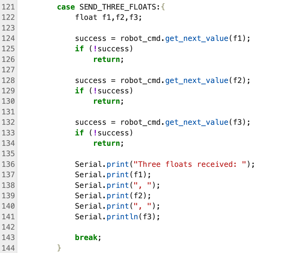 Arduino handling SEND_THREE_FLOATS command