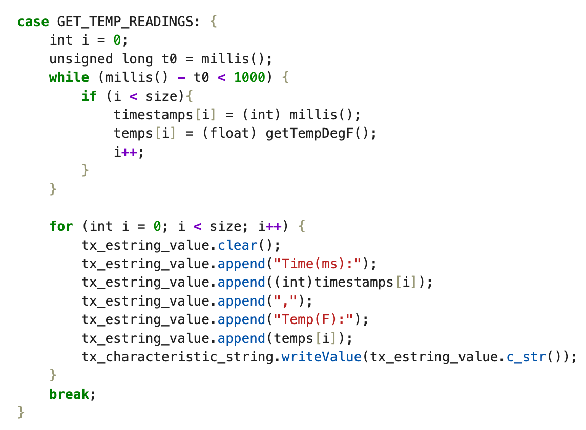 Arduino code collecting timestamp and temperature arrays and sending over BLE