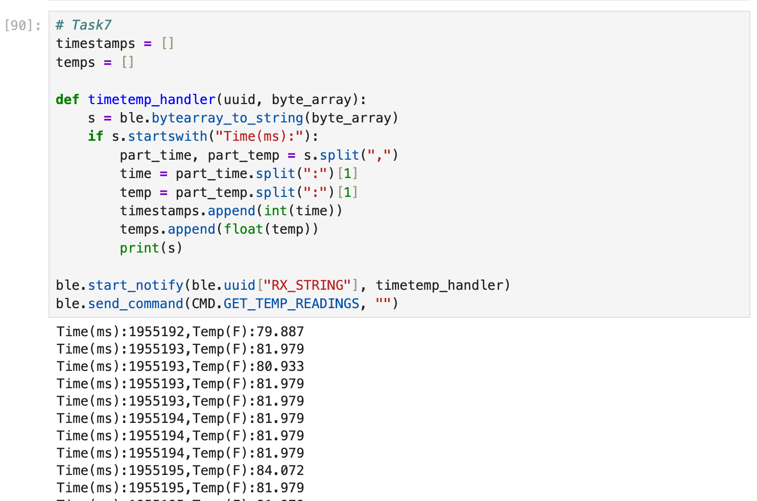 Jupyter notification handler parsing Time(ms) and Temp(F) messages from BLE
