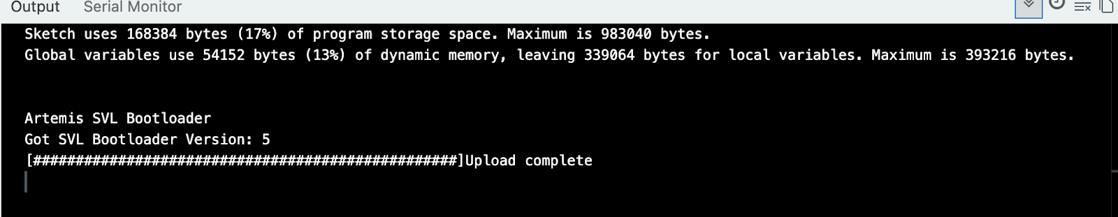 Arduino compile output showing global memory usage