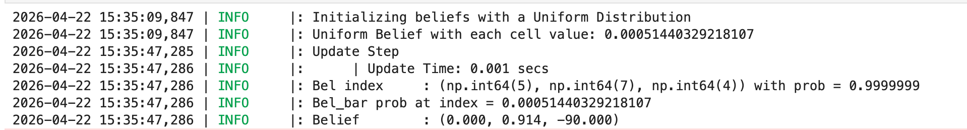 Lab 11 log output at pose (0,3)