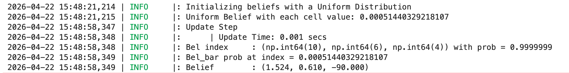 Lab 11 log output at pose (5,3)