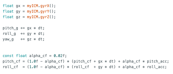 Complementary filter implementation code snippet