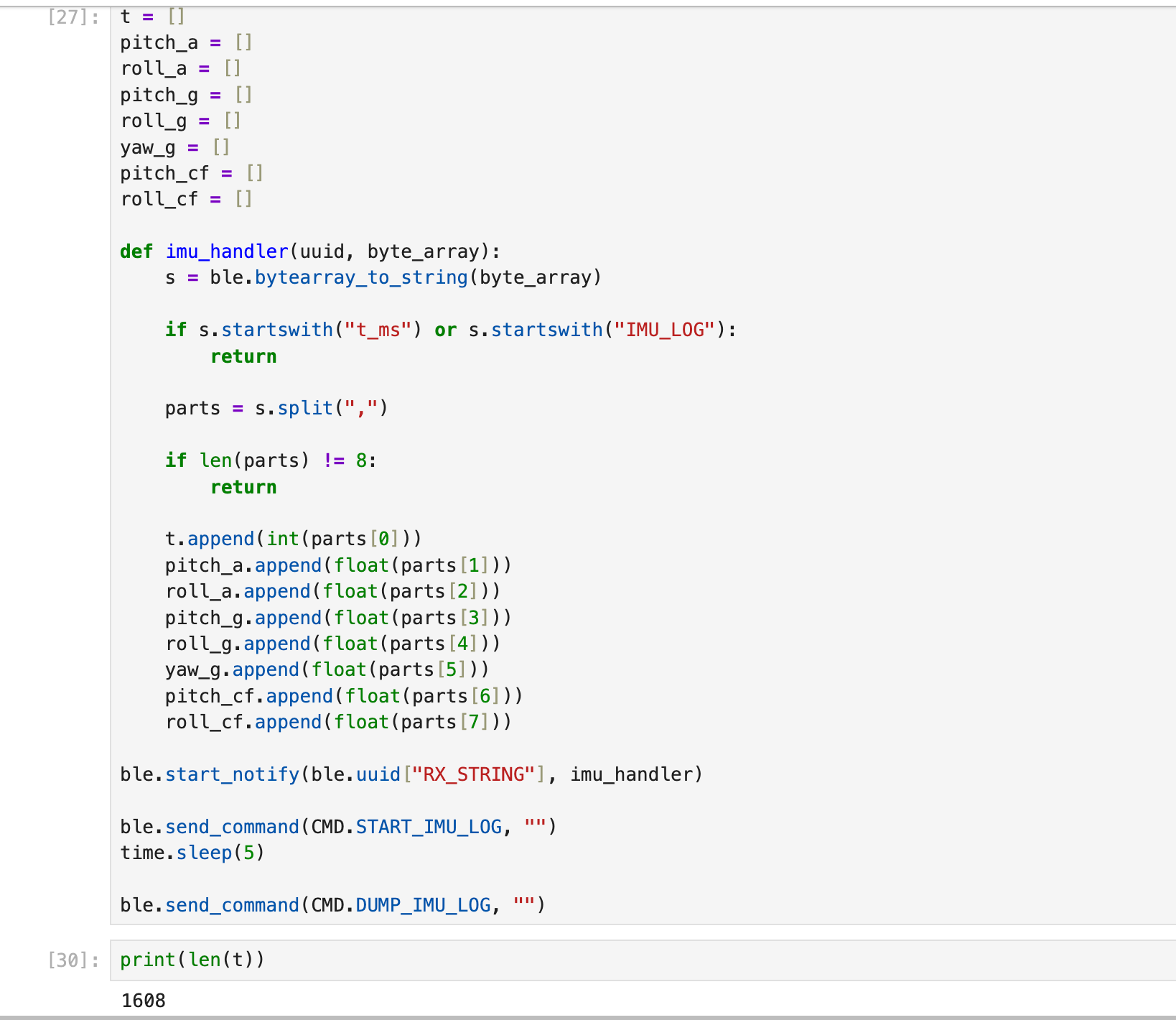 BLE IMU data parsing and logging code